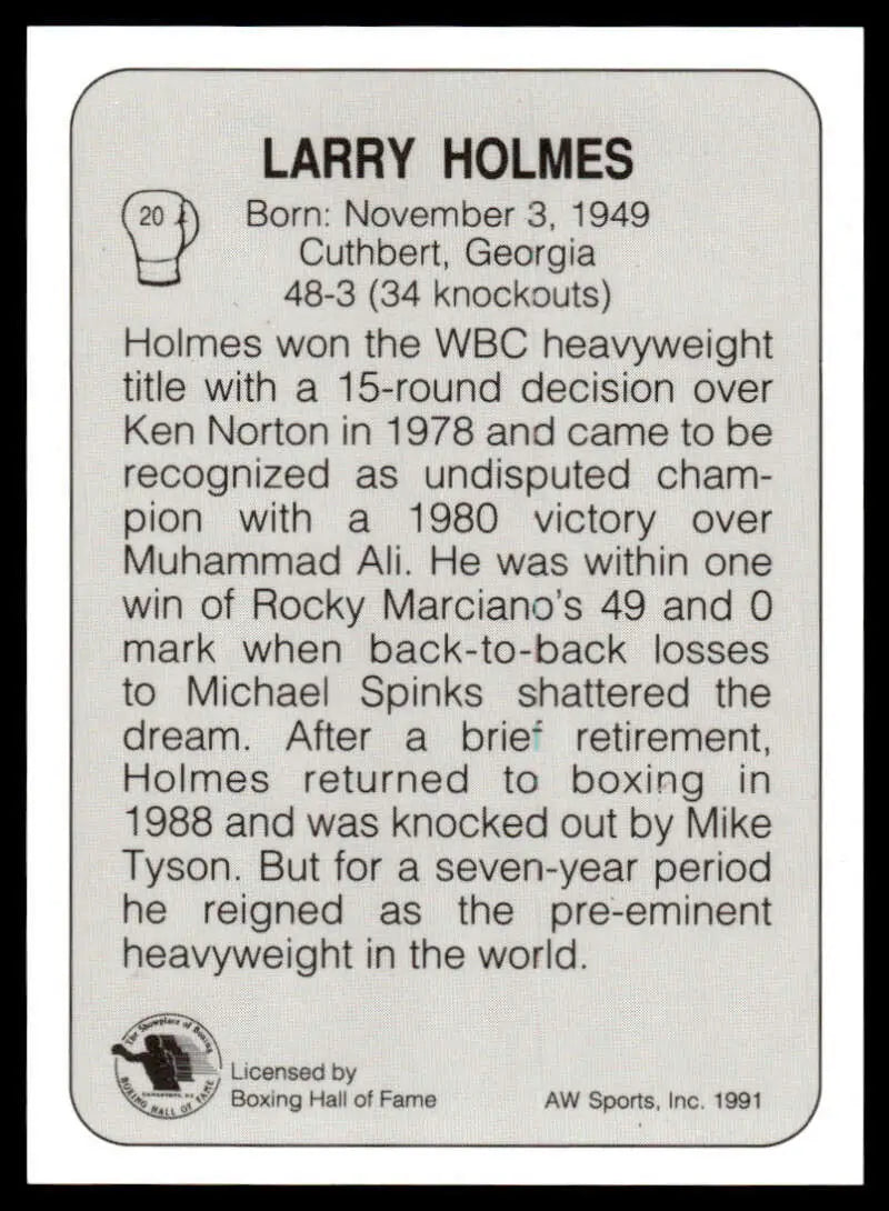 Larry Holmes boxing card from 1991 All World #20 in NM-MT condition