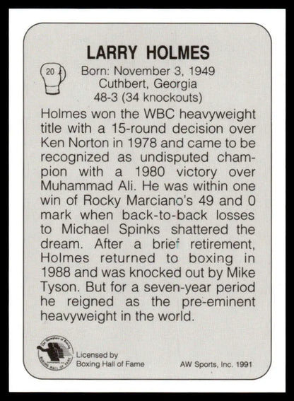 Larry Holmes boxing card from 1991 All World #20 in NM-MT condition