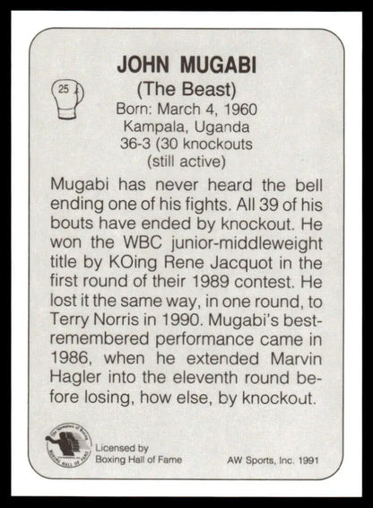 Boxing card of John Mugabi, nicknamed The Beast, showcasing career stats and achievements