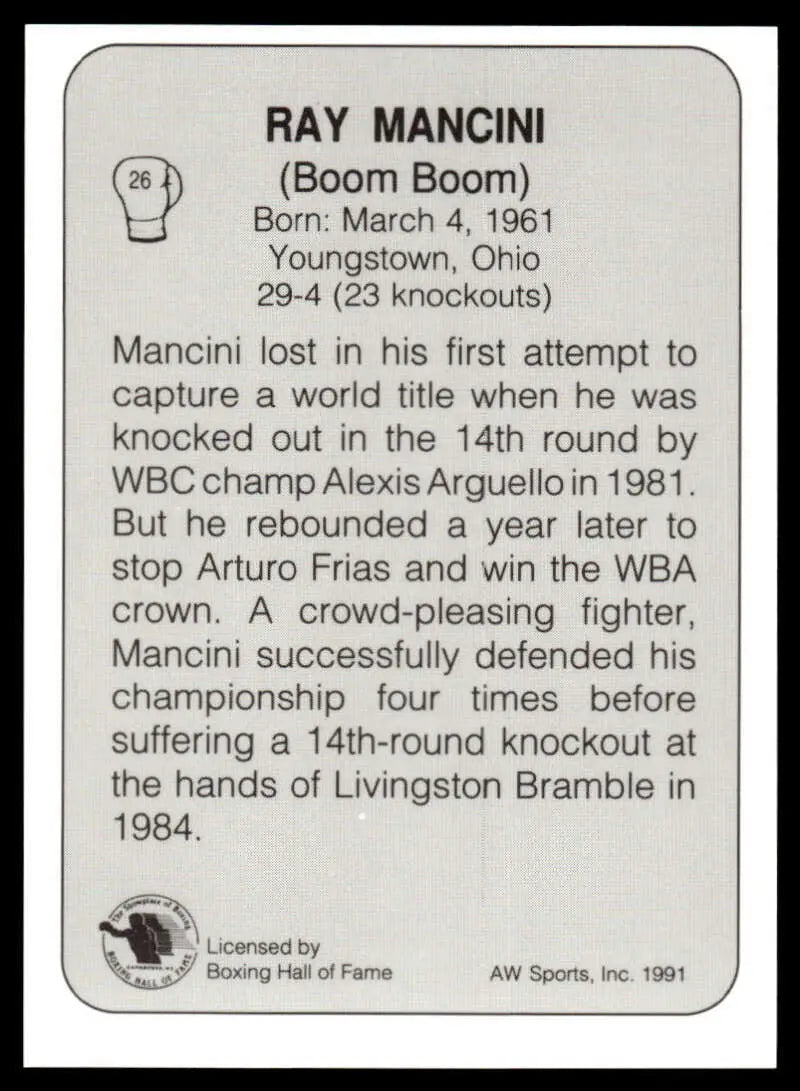 Black and white boxing card featuring biographical text about Ray Mancini NM-MT