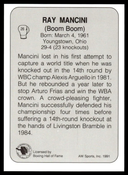 Black and white boxing card featuring biographical text about Ray Mancini NM-MT