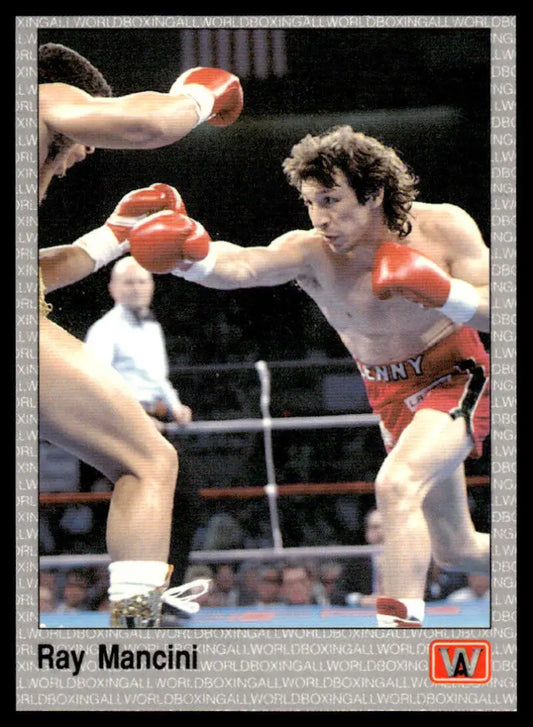 Boxer Ray Mancini in red gloves throwing a punch on 1991 NM-MT Boxing Card