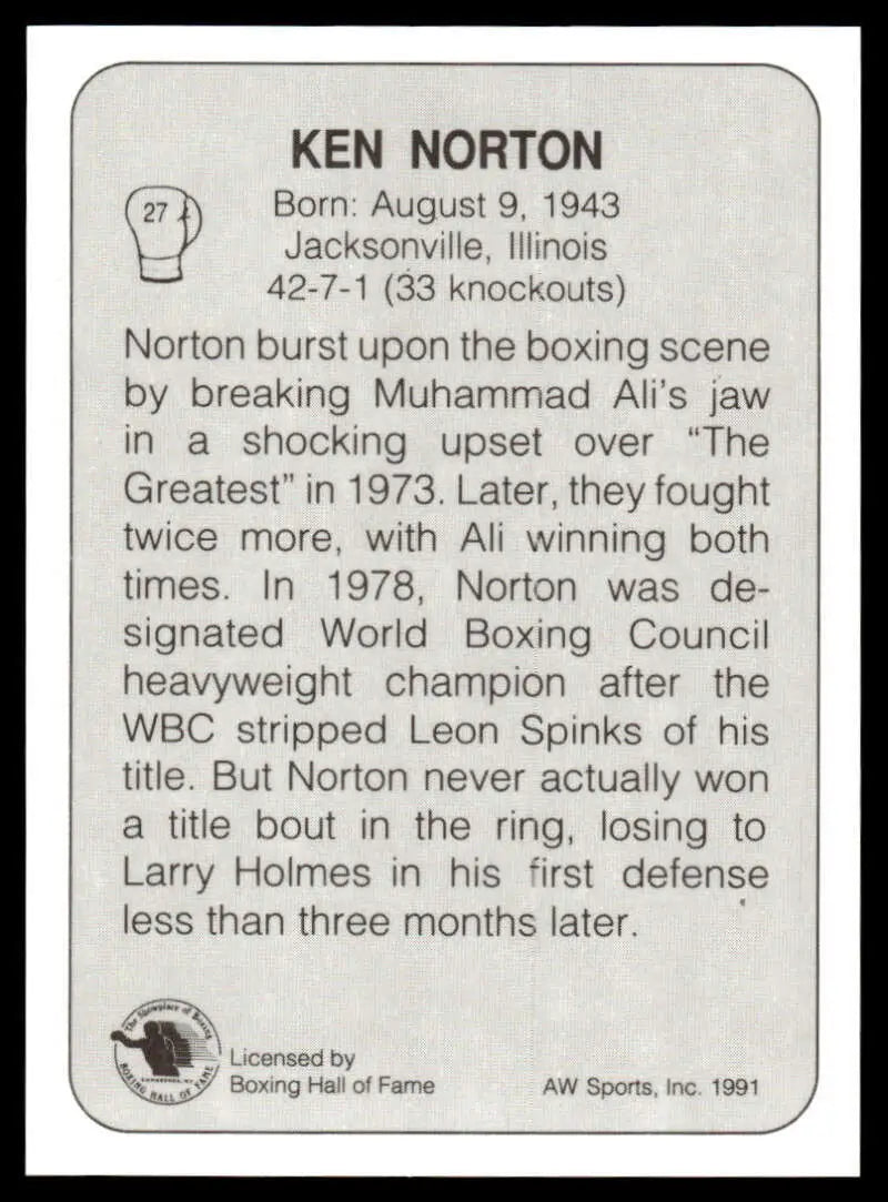 Ken Norton NM-MT Boxing Card showcasing biographical details and career highlights