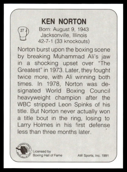 Ken Norton NM-MT Boxing Card showcasing biographical details and career highlights