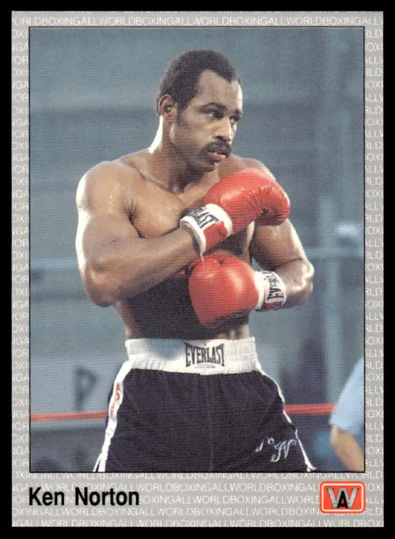 Muscular Ken Norton in fighting stance with red gloves on boxing card design