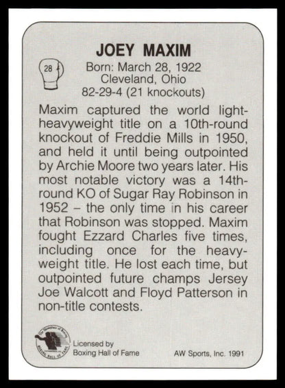 Black and white Boxing Card featuring Joey Maxim, with biographical text and statistics