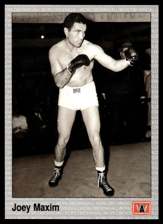 Boxer Joey Maxim in white shorts and gloves featured on NM-MT Boxing Card