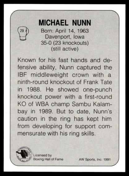 Black and white boxing card displaying Michael Nunn career statistics and achievements