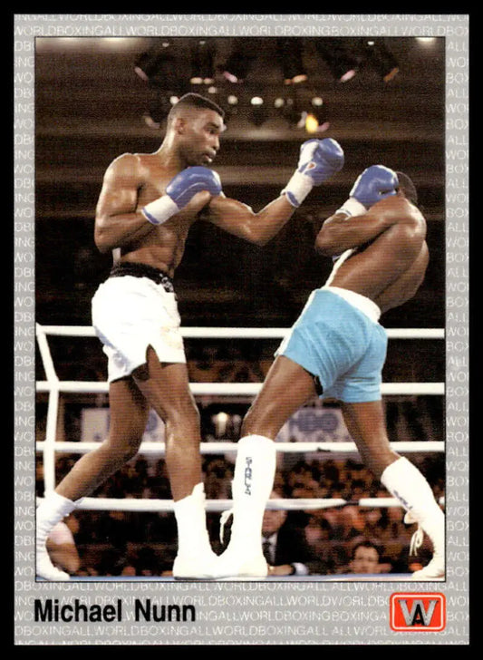Two boxers in white and light blue shorts exchange punches in a boxing match featuring Michael Nunn