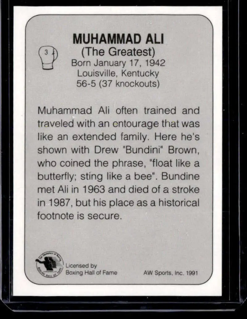 Muhammad Ali card featuring biographical text and a boxing glove icon from Louisville, Kentucky