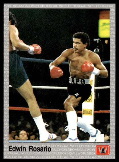 Edwin Rosario in black shorts and red gloves, featured in Edwin Rosario NM-MT boxing card
