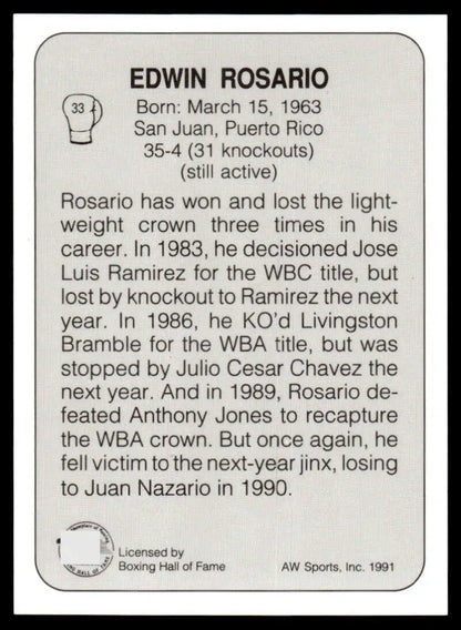 Edwin Rosario boxing card showcasing biographical data and career highlights 1983-1990