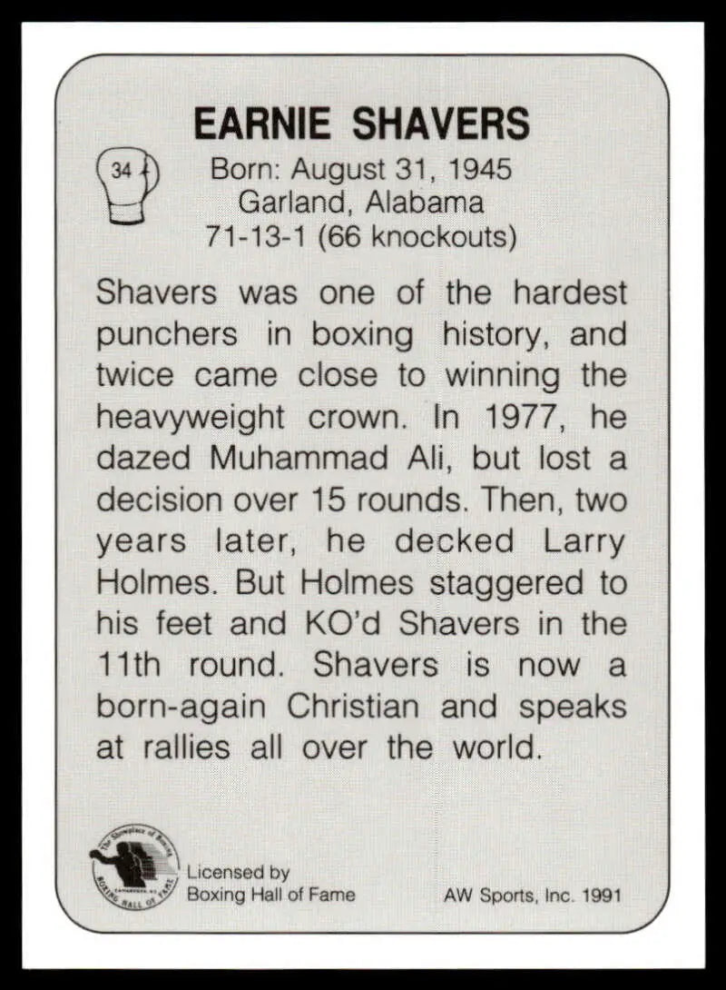 Black and white boxing card of Earnie Shavers showcasing career statistics and achievements