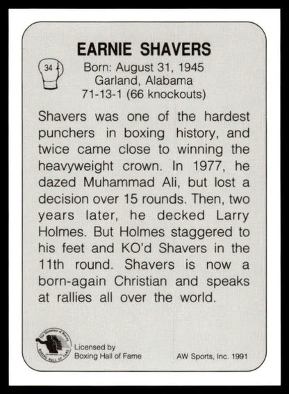 Black and white boxing card of Earnie Shavers showcasing career statistics and achievements