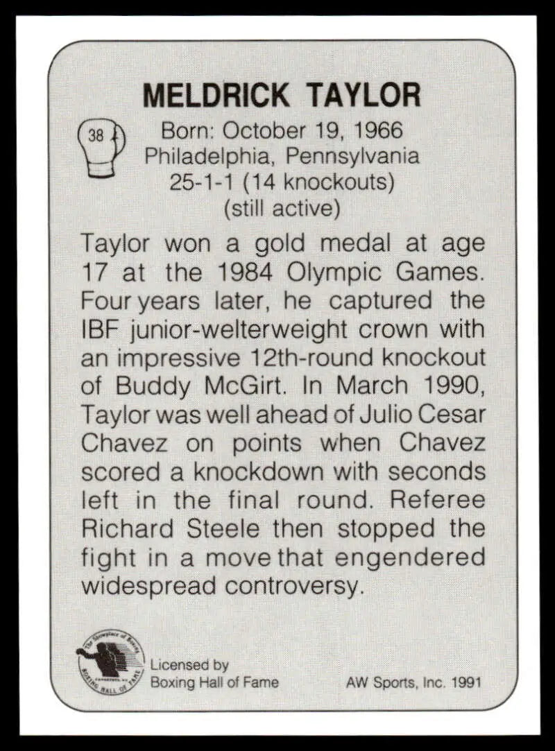 Black and white boxing card of Meldrick Taylor with stats, labeled Meldrick Taylor NM-MT