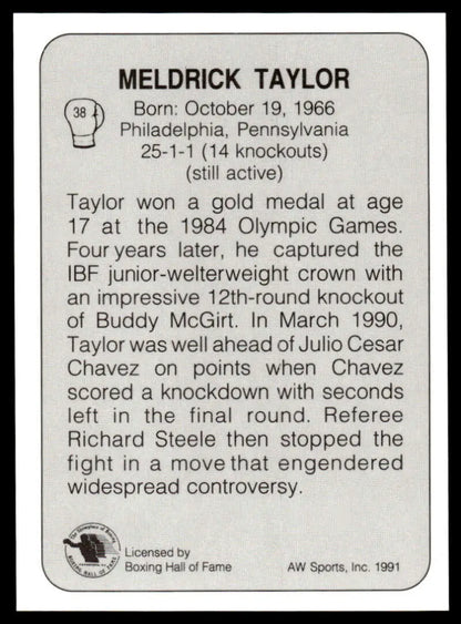 Black and white boxing card of Meldrick Taylor with stats, labeled Meldrick Taylor NM-MT