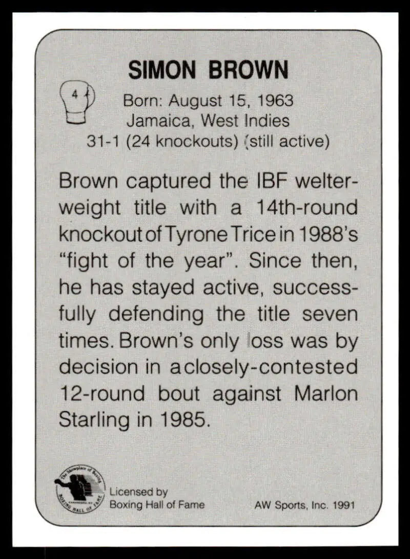 1991 All World #4 Simon Brown NM-MT Boxing Card showcasing career highlights and statistics