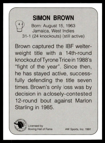1991 All World #4 Simon Brown NM-MT Boxing Card showcasing career highlights and statistics