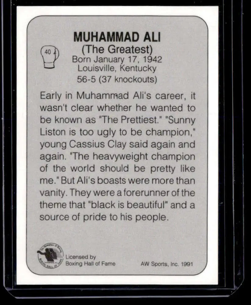 Muhammad Ali biography and nickname origins on 1991 All World Boxing Trading Card