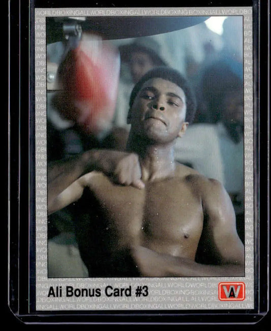 Vintage Muhammad Ali boxing card featuring an athlete training with a speed bag