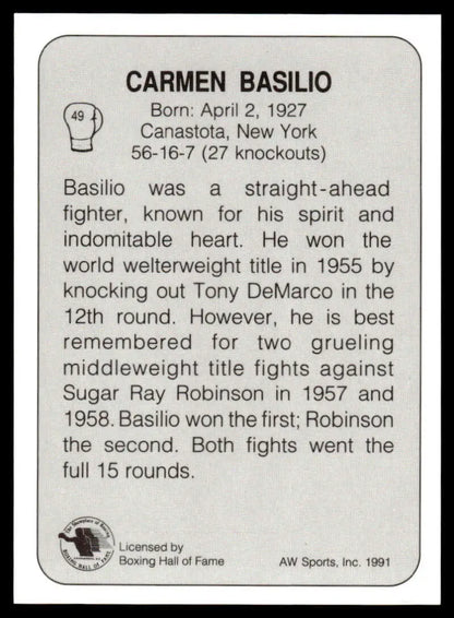 Black and white boxing card featuring Carmen Basilio, welterweight champion, NM-MT condition