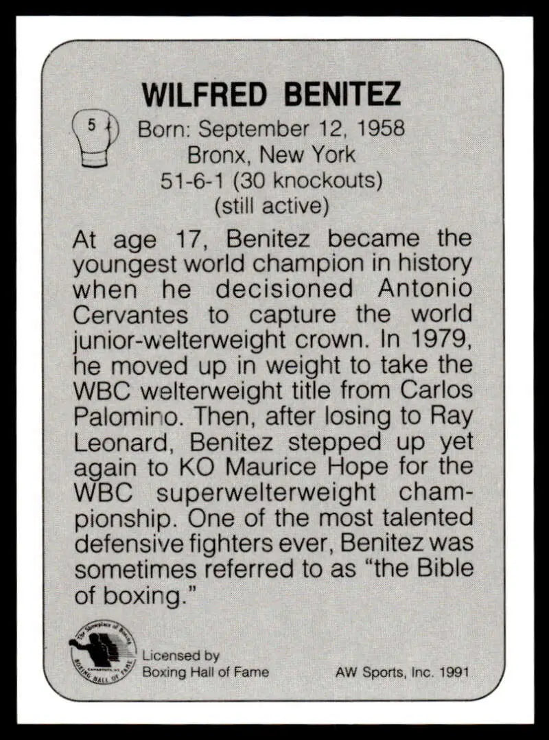 Black and white Boxing Hall of Fame plaque for Wilfred Benitez featured on boxing card