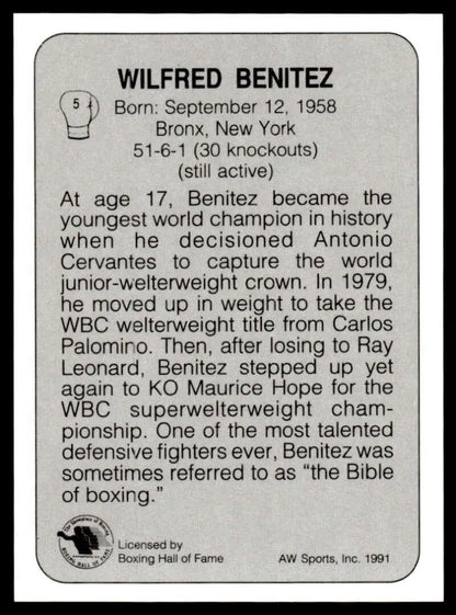 Black and white Boxing Hall of Fame plaque for Wilfred Benitez featured on boxing card