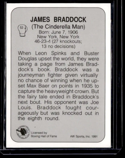 James Braddock NM-MT boxing card displaying statistics and biography of James Braddock