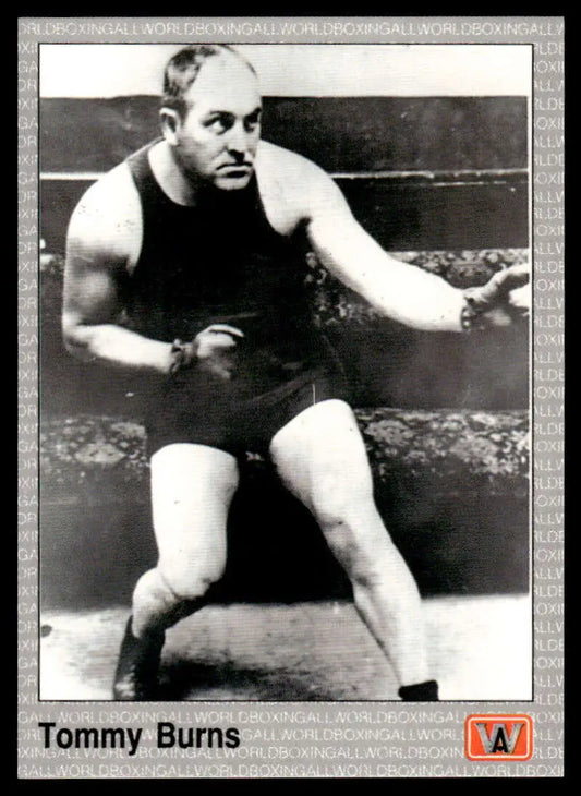 Vintage black and white image of Tommy Burns in boxing stance for boxing card
