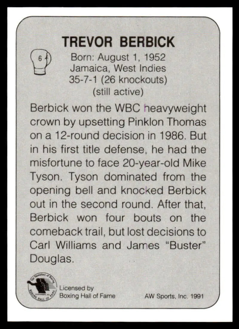 Black and white boxing card showcasing Trevor Berbick’s career highlights and statistics