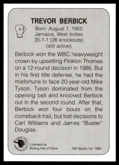 Black and white boxing card showcasing Trevor Berbick’s career highlights and statistics
