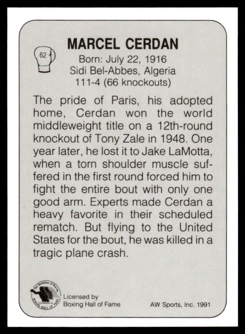 Black and white boxing card featuring biographical text about Marcel Cerdan NM-MT