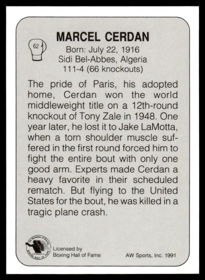 Black and white boxing card featuring biographical text about Marcel Cerdan NM-MT