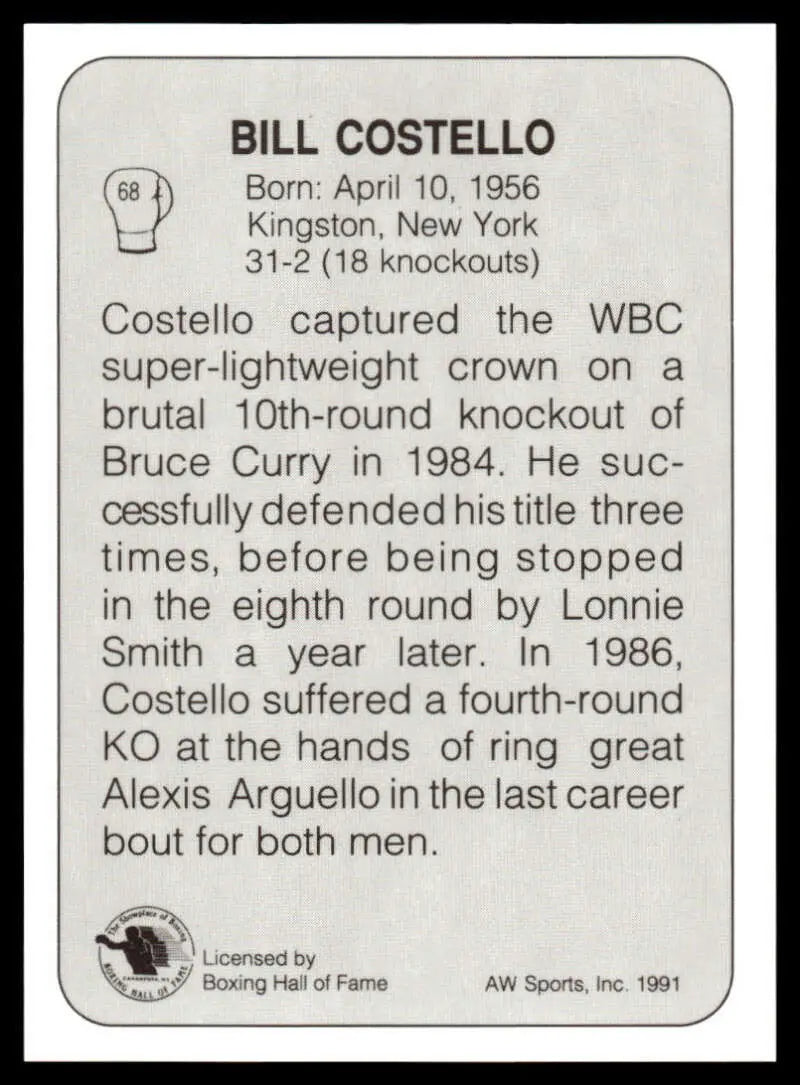 Boxing Hall of Fame plaque showcasing biographical details of Billy Costello NM-MT