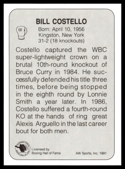 Boxing Hall of Fame plaque showcasing biographical details of Billy Costello NM-MT