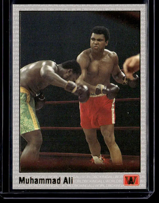 Vintage boxing trading card featuring Muhammad Ali exchanging punches in the ring