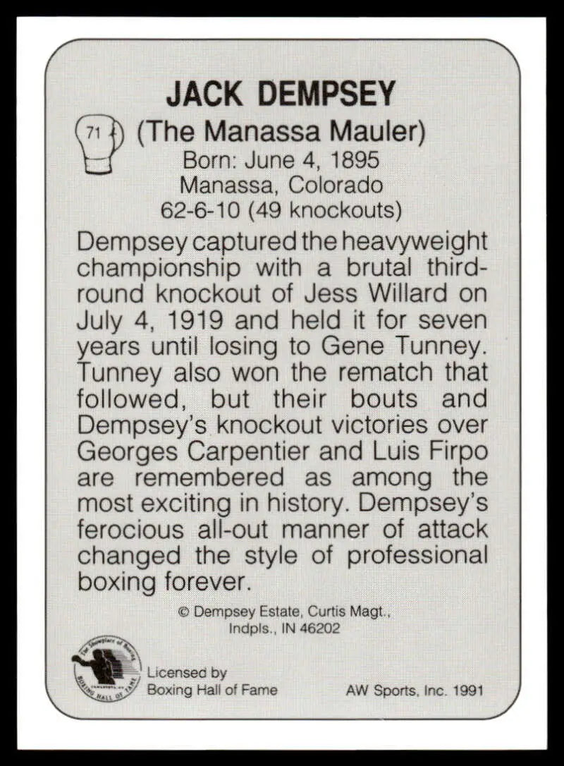 Black and white plaque about Jack Dempsey displayed with 1991 NM-MT Boxing Card