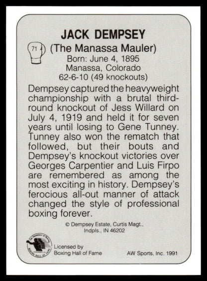 Black and white plaque about Jack Dempsey displayed with 1991 NM-MT Boxing Card