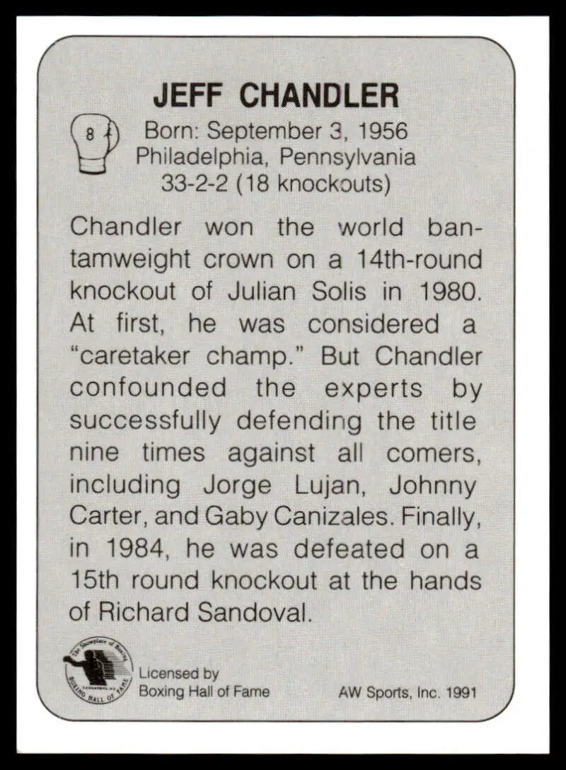 Boxing Hall of Fame plaque highlighting Jeff Chandler’s stats on 1991 NM-MT card