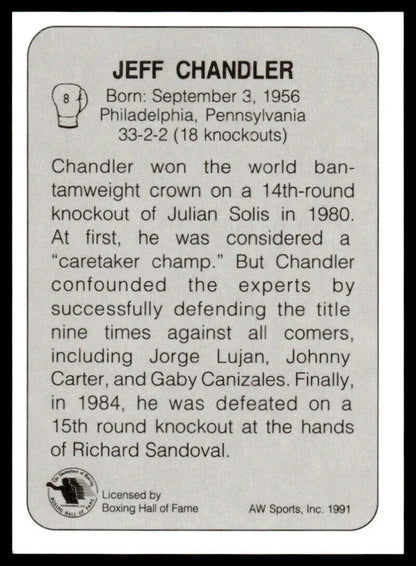 Boxing Hall of Fame plaque highlighting Jeff Chandler’s stats on 1991 NM-MT card