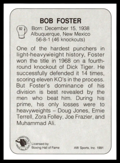 Black and white boxing card featuring Bob Foster and boxing history statistics