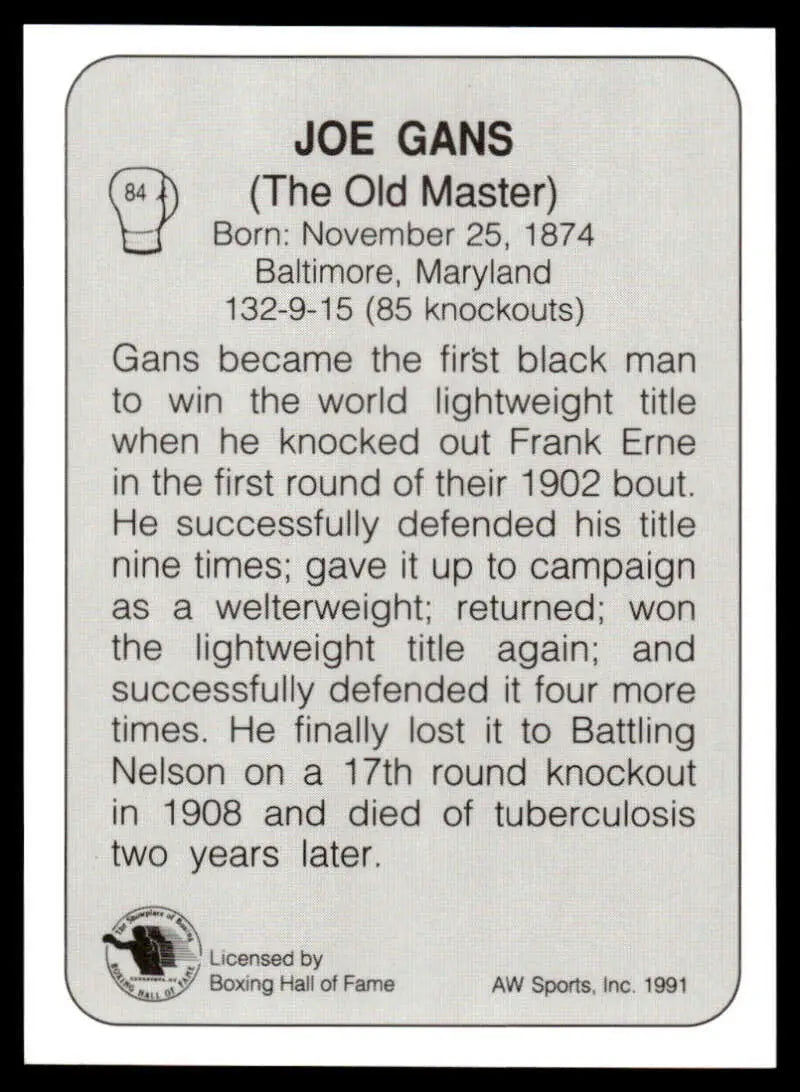 Black and white boxing card showcasing Joe Gans NM-MT stats and career highlights