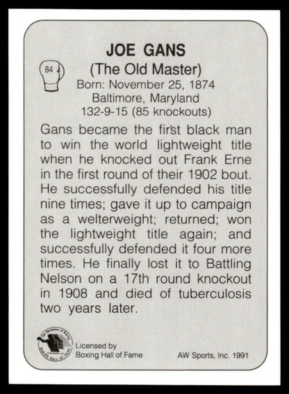 Black and white boxing card showcasing Joe Gans NM-MT stats and career highlights