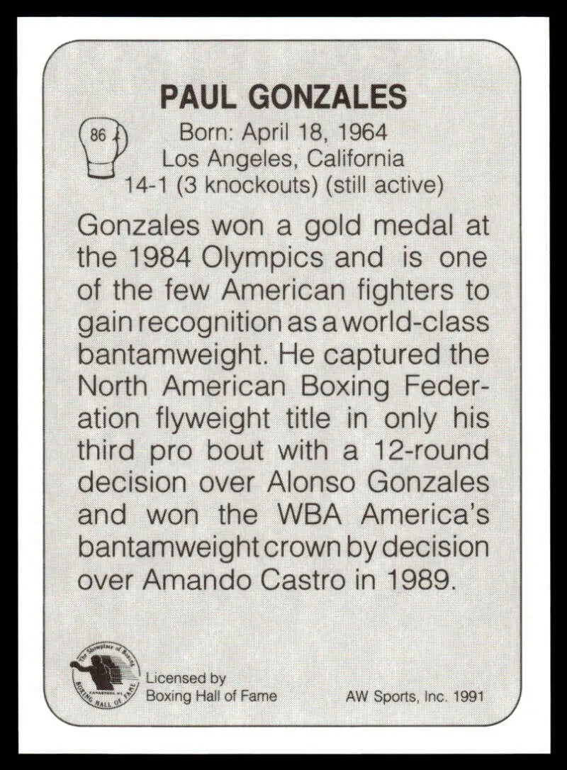 Black and white Paul Gonzales NM-MT Boxing Card featuring biographical text and stats