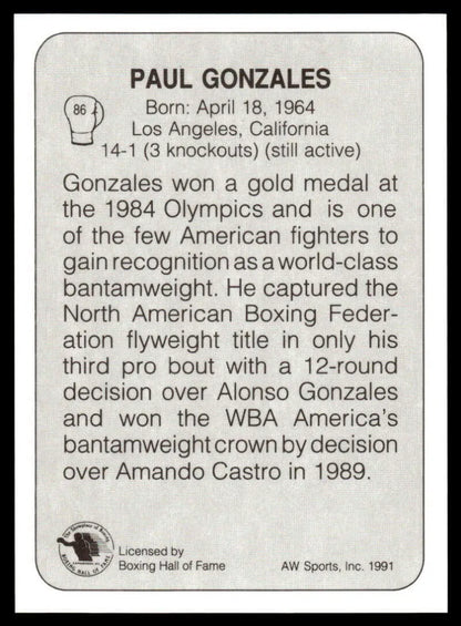 Black and white Paul Gonzales NM-MT Boxing Card featuring biographical text and stats