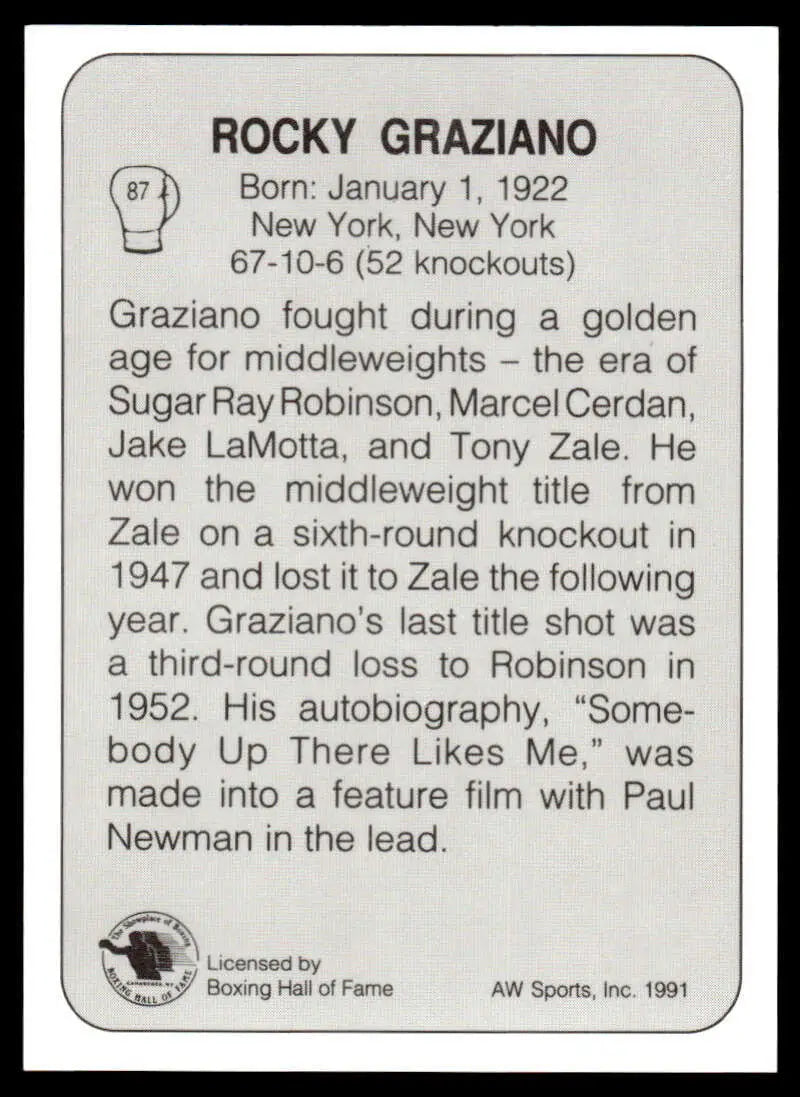Black and white plaque about Rocky Graziano from Boxing Hall of Fame near NM-MT card