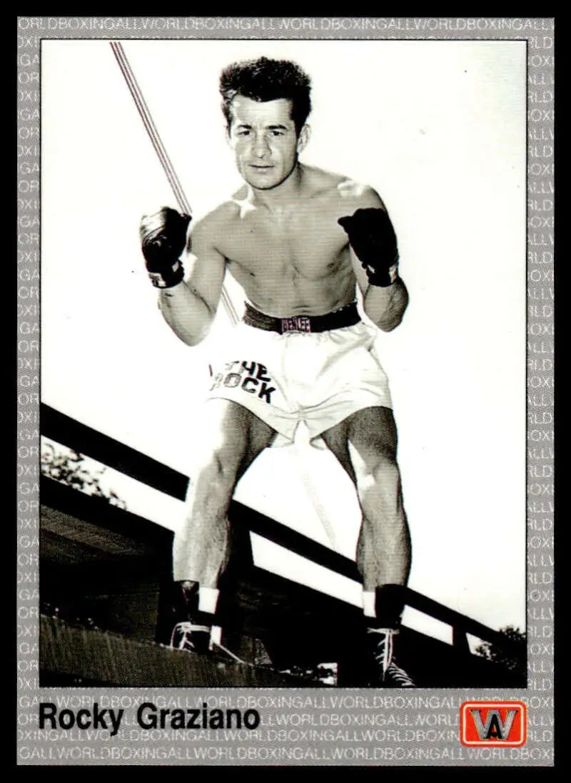 Shirtless boxer in white shorts and gloves on 1991 Rocky Graziano NM-MT Boxing Card