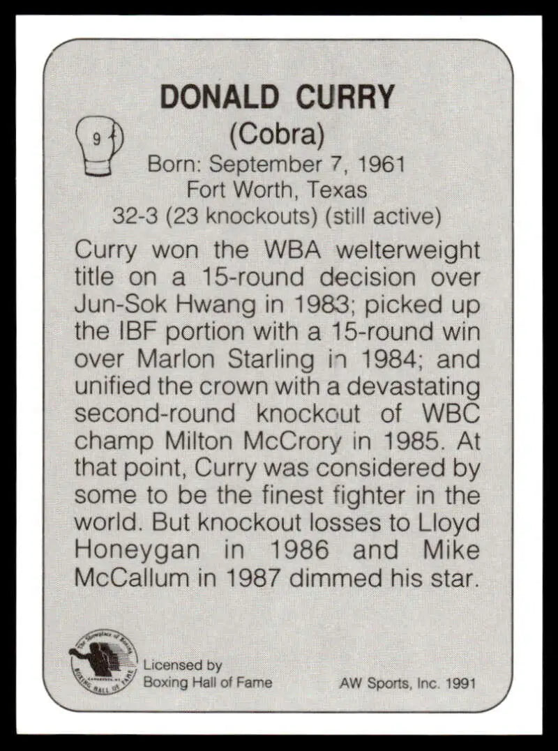 Boxing Card featuring Donald Curry NM-MT with biographical info and career highlights
