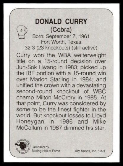 Boxing Card featuring Donald Curry NM-MT with biographical info and career highlights