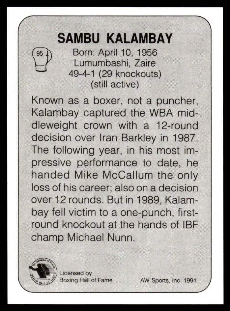Boxing Hall of Fame plaque highlighting Sambu Kalambay’s biography and achievements